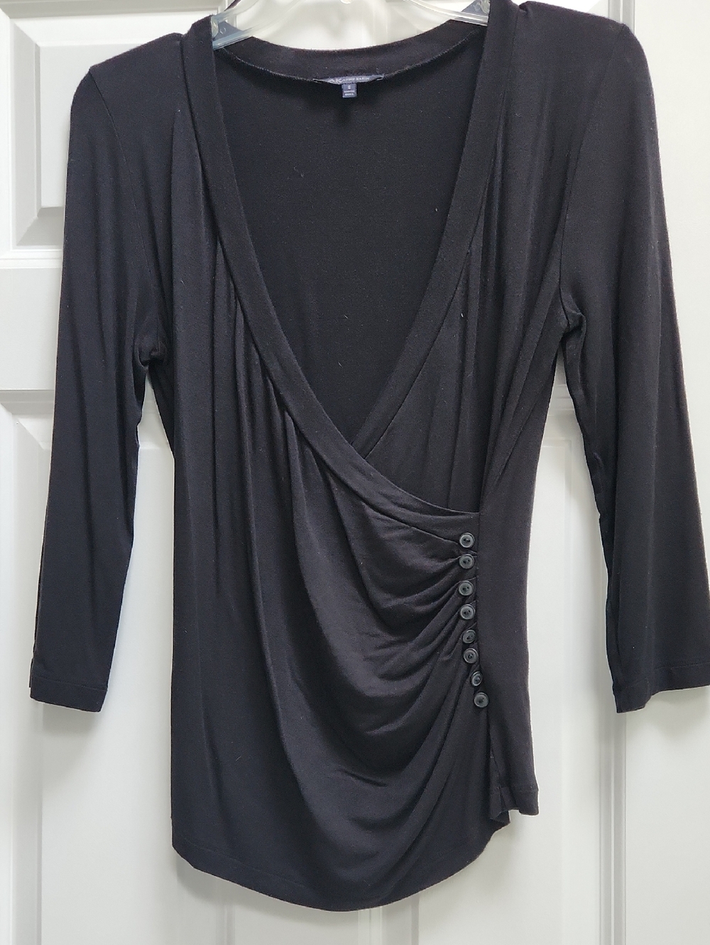 Anne Klein Black Draped Faux-Wrap Long Sleeve Top with Side Buttons